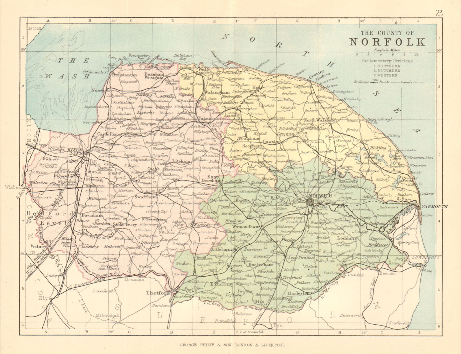 NORFOLK. Antique county map. Railways roads canals. Constituencies. PHILIP 1884